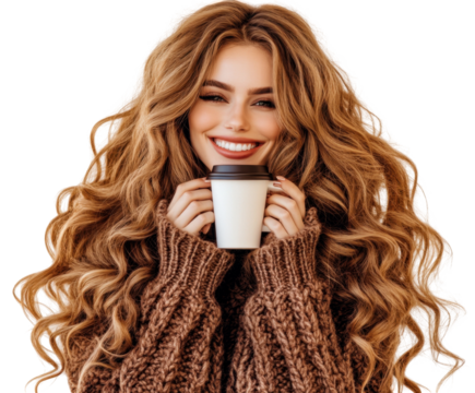 Cheerful Woman with Long Wavy Hair Holding a Coffee Cup while Wearing a Cozy Sweater isolated on transparent background - Powered by Adobe