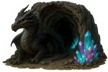 Dragon guarding luminous crystals at cave entrance