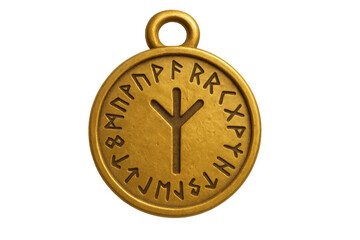 Golden elder futhark algiz rune pendant on transparent background