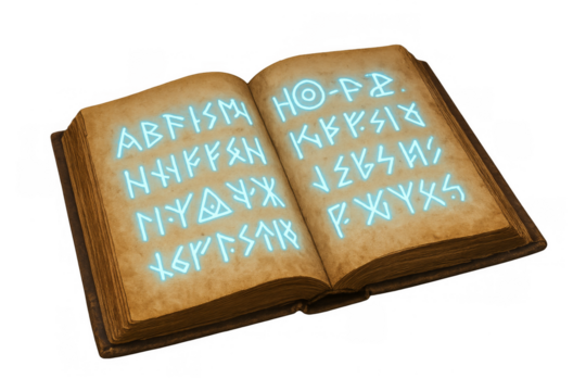 Open magic book displaying glowing runes on transparent background