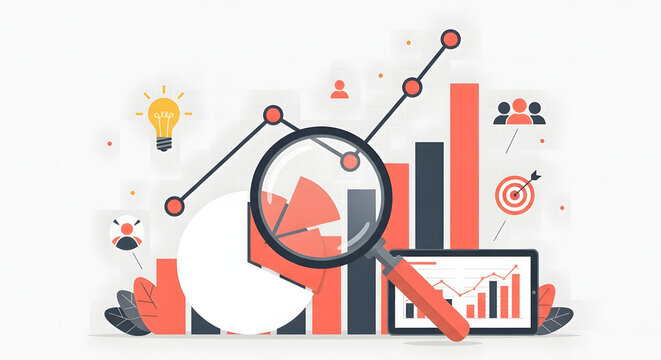 Business analytics and data visualization with charts graphs and magnifying glass for financial growth