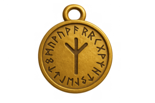 Golden elder futhark algiz rune pendant on transparent background - Powered by Adobe