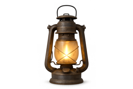 Old rustic oil lantern illuminating with warm light