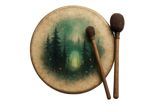 Shamanic spiritual drum with magical forest painting and mallets