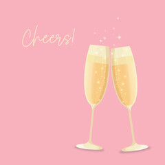 Two champagne flutes with “Cheers” lettering on pink background, festive art illustration