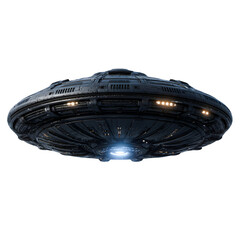 Detailed futuristic alien spacecraft hovering with glowing lights isolated on transparent background