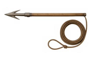 Harpoon with rope and wooden shaft on transparent background
