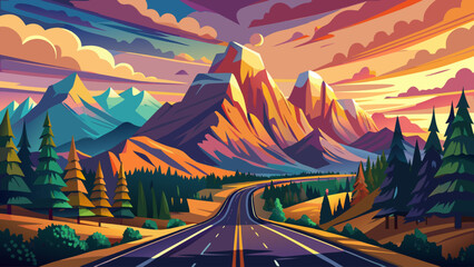 Beautiful View of Scenic Highway with American Rocky Mountain Landscape in the background. Colorful Summer Sunrise Sky. Taken in St Mary, Montana, United ..