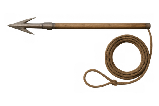 Harpoon with rope and wooden shaft on transparent background