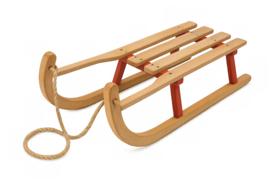Wooden sled with red runners on transparent background