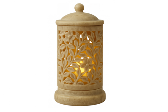 Carved stone lantern illuminating with floral pattern