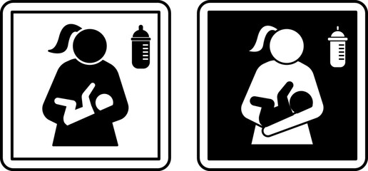 Lactating Room Signs. Black and White Vector Icons. Mother, Baby, and Feeding Bottle. Hospital Ward Sign