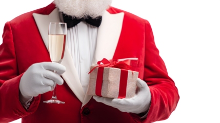Santa in a red tuxedo with a bowtie, holding a champagne flute and a single elegant gift box, holiday gala style, isolated on white background