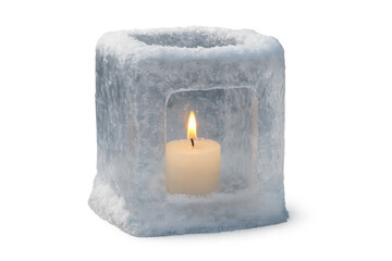 Burning candle in ice lantern creating warmth and light