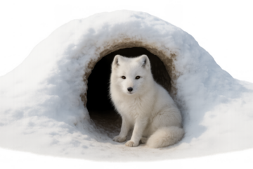 Arctic fox sitting by its snow den