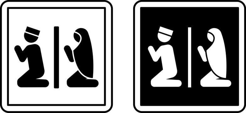 Prayer Room Signs. Black and White Vector Icons. Man and Woman Kneeling in Praying. Private Room for Prayer and Meditation. Hospital Ward Sign