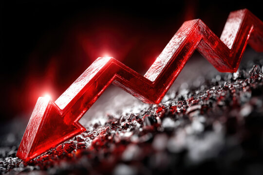 Red downward trend arrow surrounded by dark textured background hinting at financial decline