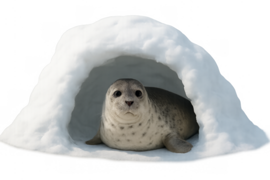 Seal pup peeking out from snow cave
