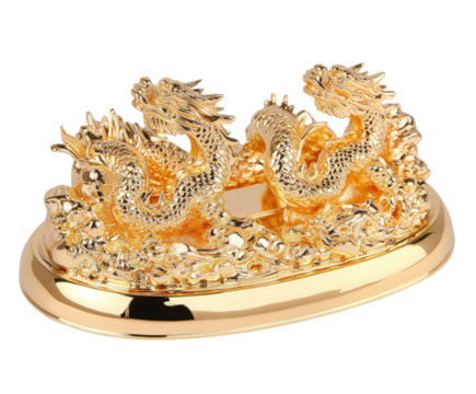Stunning Golden Dragon Figurine Showcasing Intricate Design and Dual Dragon Imagery on a Gleaming Base for Cultural and Decorative Appeal isolated on transparent background