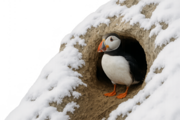 Atlantic puffin bird entering burrow in snow