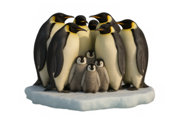 Emperor penguin family with chicks huddling on ice
