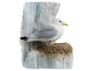 Kittiwake bird nesting on ice glacier cliff