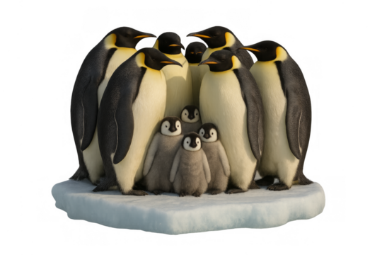 Emperor penguin family with chicks huddling on ice