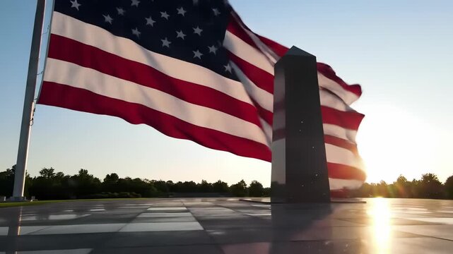 Veterans Day American Flag Background: Majestic US Flag Waving Proudly Over Solemn Monument at Golden Hour, Evoking Patriotism and Remembrance.