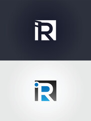 Two abstract letter iR logos in vector template white and blue on dark and light backgrounds graphic