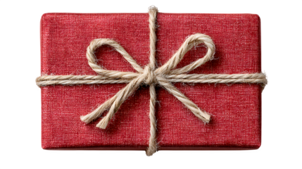 Minimalist red gift box wrapped with white string representing Christmas greetings isolated on white background