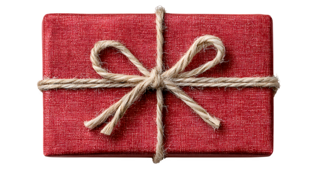 Minimalist red gift box wrapped with white string representing Christmas greetings isolated on white background