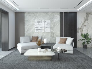 Luxurious modern living room featuring two light gray armchairs and a marble accent wall with dark wood panels. The space is anchored by a dark geometric area rug, 3D rendering.