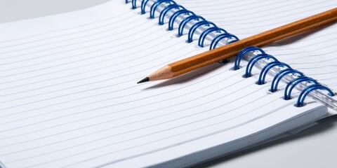 A wooden pencil lies on an open spiral bound notebook with blue coils writing
