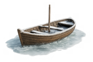 Wooden boat frozen in ice on transparent background