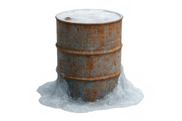 Rusty oil drum covered in ice and snow