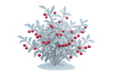 Winter bush with red christmas baubles and frost