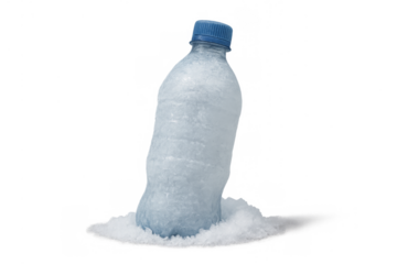 Frozen water bottle standing in snow with blue cap