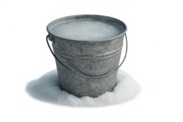 Galvanized metal bucket with frozen water sitting in snow