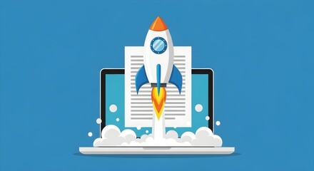 A rocket launches from a laptop screen, symbolizing a successful startup and the beginning of a new project