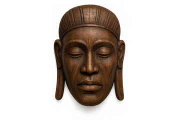 Wooden buddha face mask with serene expression