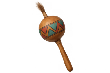 Wooden maraca with vibrant tribal design and handle