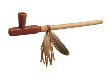 Traditional peace pipe with feathers on transparent background