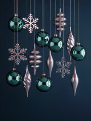 Dark blue Christmas holiday background with metallic emerald green glass balls, rose gold twisted spiral and snowflake ornaments. Space for text.