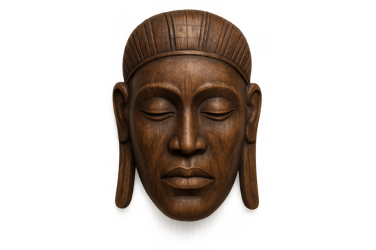 Wooden buddha face mask with serene expression