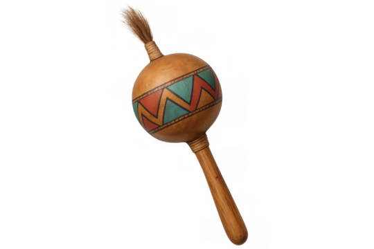 Wooden maraca with vibrant tribal design and handle