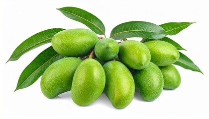 Obraz premium Cluster of Green Mangoes on Branch Symbolizing Tropical Abundance and Editorial Styling for Seasonal Harvests