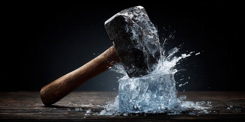 Sledgehammer striking ice block creating a dramatic splash and fragments against a dark background