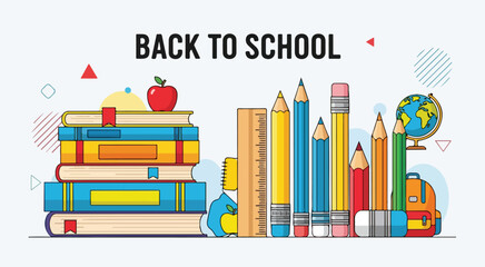 Obraz premium Back to school supplies vector illustration with books pencils and globe for educational design projects