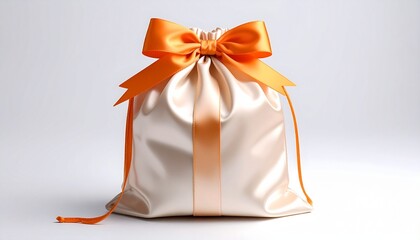 White Satin Gift Bag with Orange Ribbon Symbolizing Elegant Packaging and Editorial Styling for Celebratory Themes
