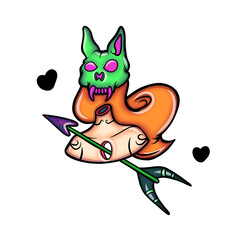 Hand-drawn cartoon illustration of a fantasy demon hand with a green monster mask and arrow